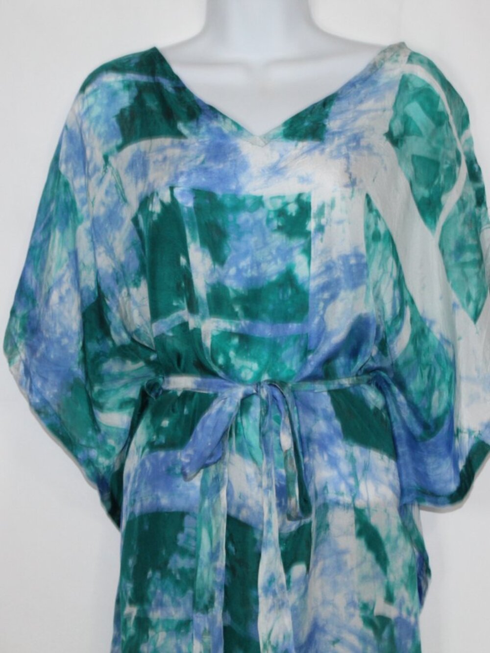 Osei Duro blue silk kaftan dress flowy watercolor beach resort wear mini - Picture 4 of 12